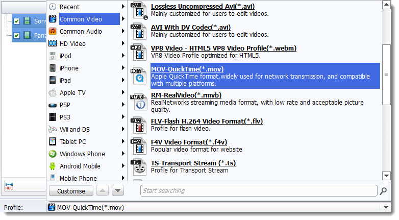 Set MOV as export files