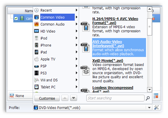 choose-avi-as-target-format