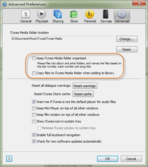 advanced preferences in iTunes
