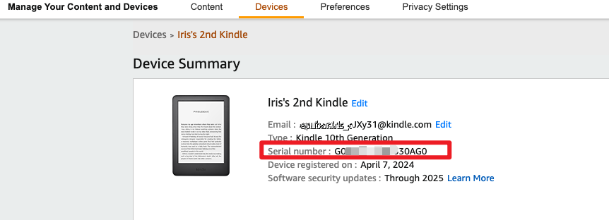 find kindle serial number