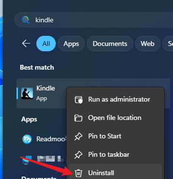 uninstall kindle app